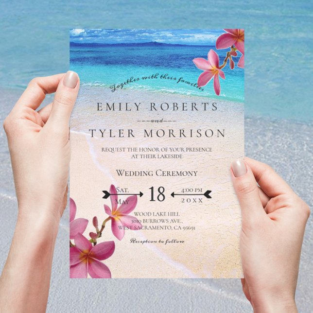 Pink Plumeria Beach Destination Wedding © Invitation (Creator Uploaded)
