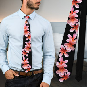 Pink Plumeria Black Tropical Flowers Unisex Tie