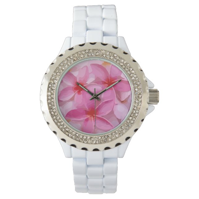 Pink Plumeria Flower Pattern Watch (Front)