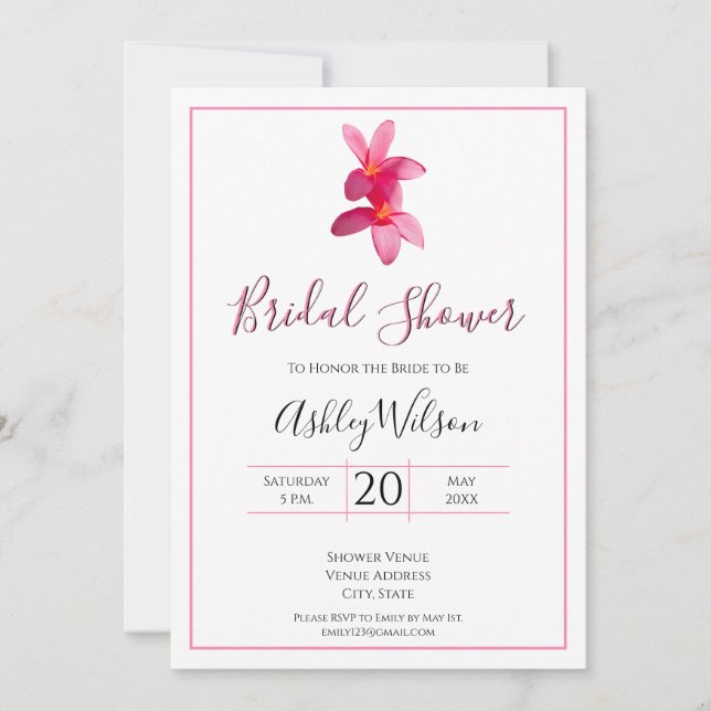 Pink Plumeria Flowers, Modern Wedding, Bridal Invitation (Front)