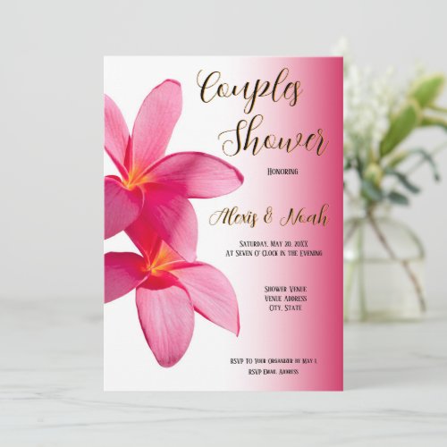 Pink Plumeria Flowers on Pink Floral Couples Invitation