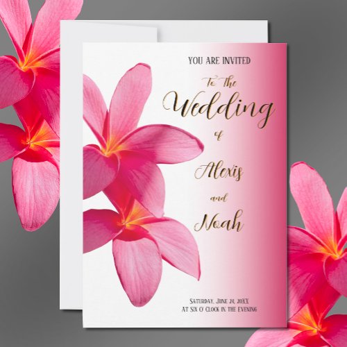 Pink Plumeria Flowers on Pink Floral Wedding Invitation