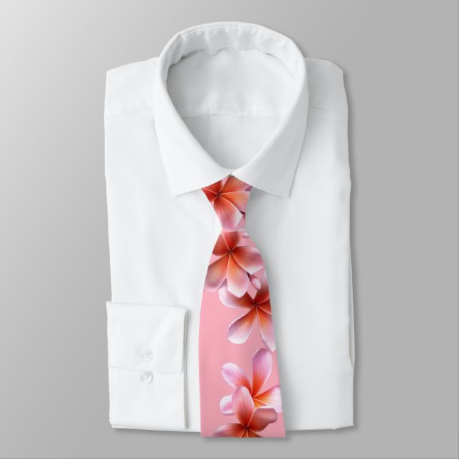 Pink Plumeria Frangipani Unisex Neck Tie (Tied)