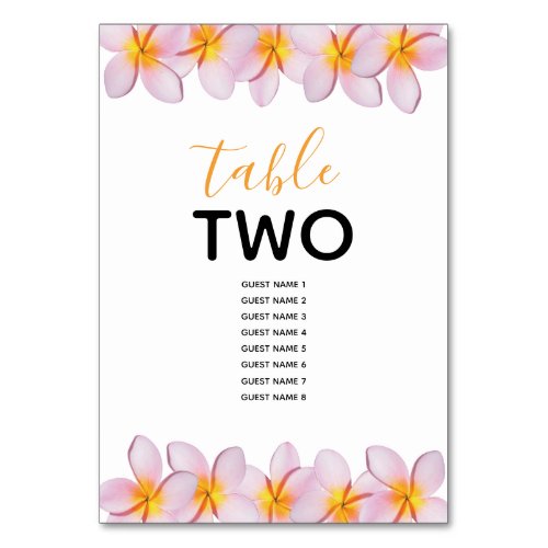 Pink Plumeria Frangipani Wedding Guest Names  Table Number