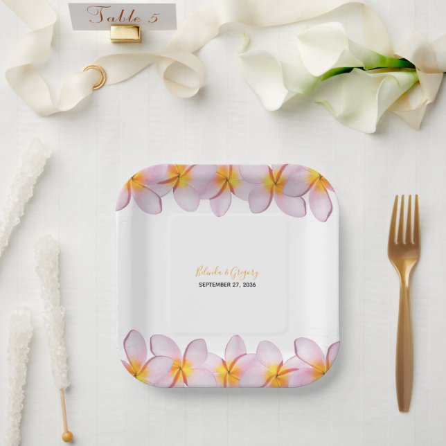 Pink Plumeria Frangipani Wedding Paper Plates (Wedding)