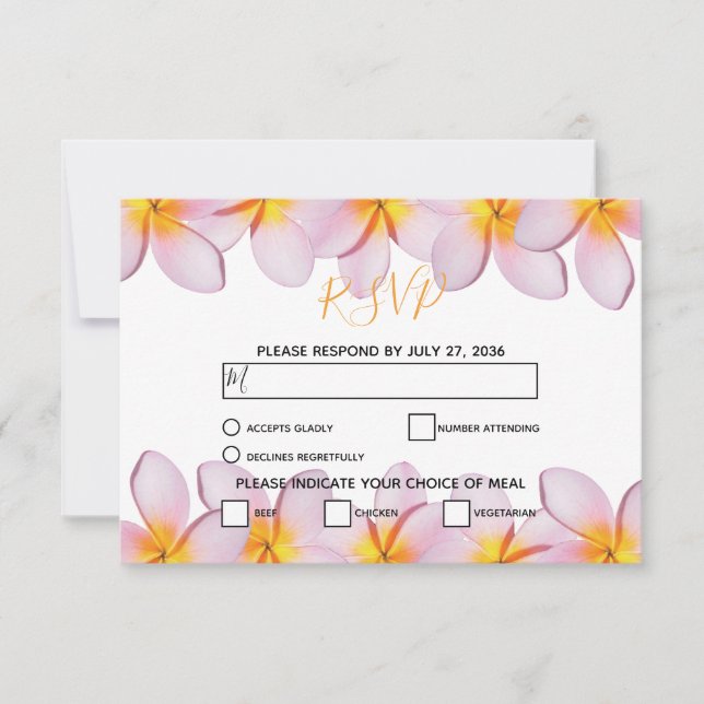 Pink Plumeria Frangipani Wedding RSVP Cards (Front)