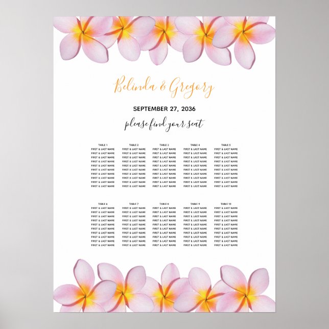 Pink Plumeria Frangipani Wedding Seating Chart (Front)
