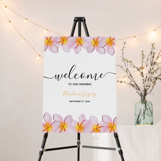 Pink Plumeria Frangipani Wedding Welcome Sign (In Situ (Stand))