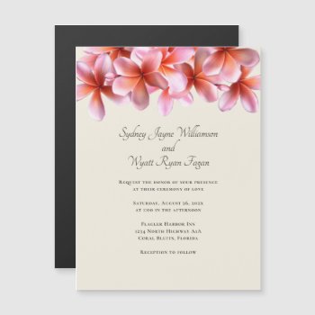Pink Plumeria Real Flowers Border Ecru Magnetic Invitation by millhill at Zazzle