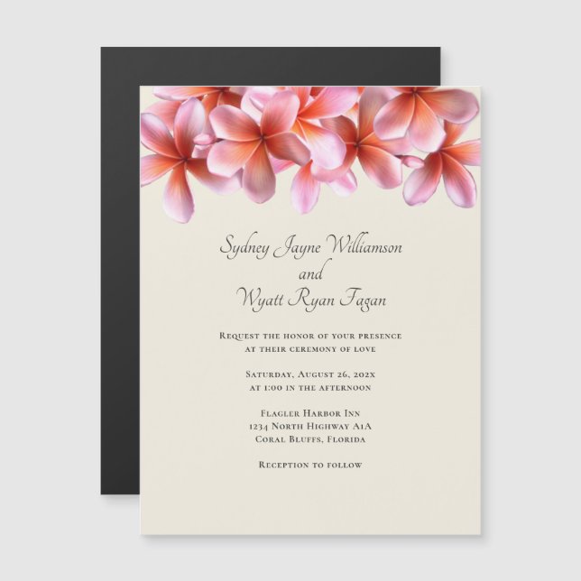 Pink Plumeria Real Flowers Border Ecru Magnetic Invitation (Front/Back)