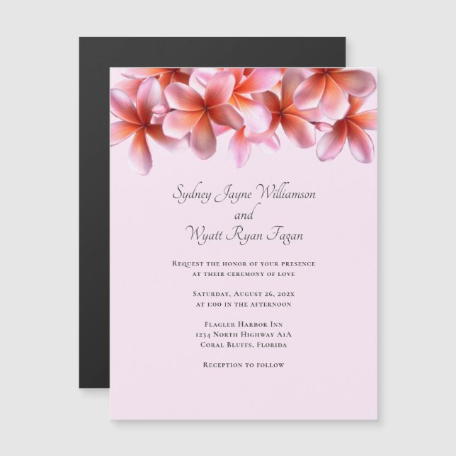 Pink Plumeria Real Flowers Border Magnetic Invitation (Front/Back)