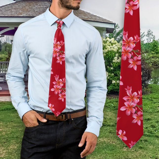 Pink Plumeria Red Tropical Floral Pattern Tie (Creator Uploaded)