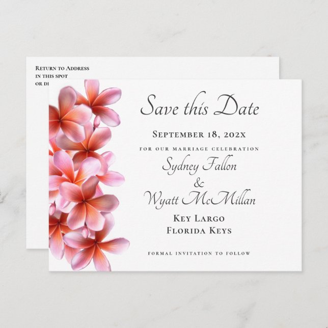 Pink Plumeria Save the Date White Postcard (Front/Back)