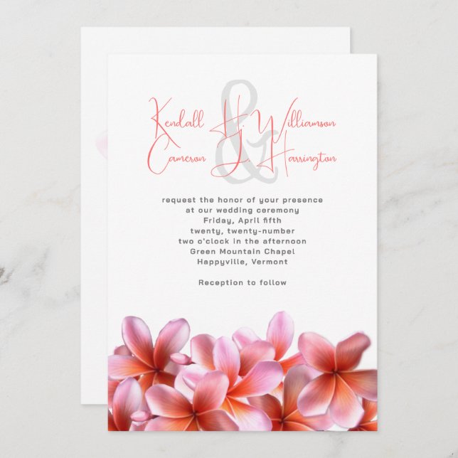 Pink Plumeria Tropical Beach Wedding Invitation (Front/Back)