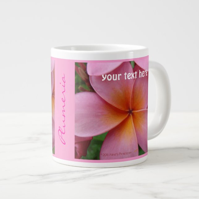 Pink Plumeria Tropical Flower Custom Name JumboMug Giant Coffee Mug (Front Right)