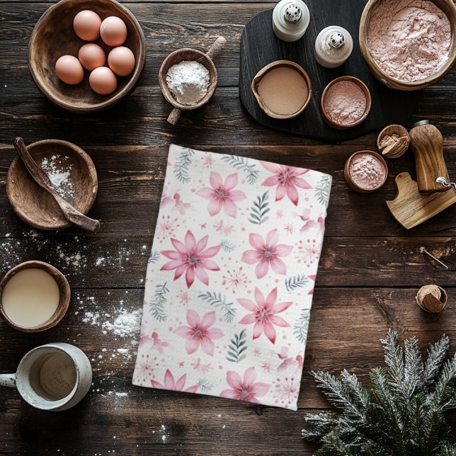 Pink Poinsettas Christmas Trees Kitchen Towel (Creator Uploaded)