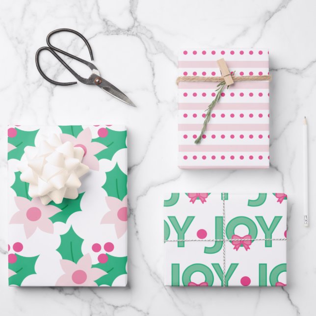 Pink Poinsettia and Holly Leaves Wrapping Paper Sheets (Front)