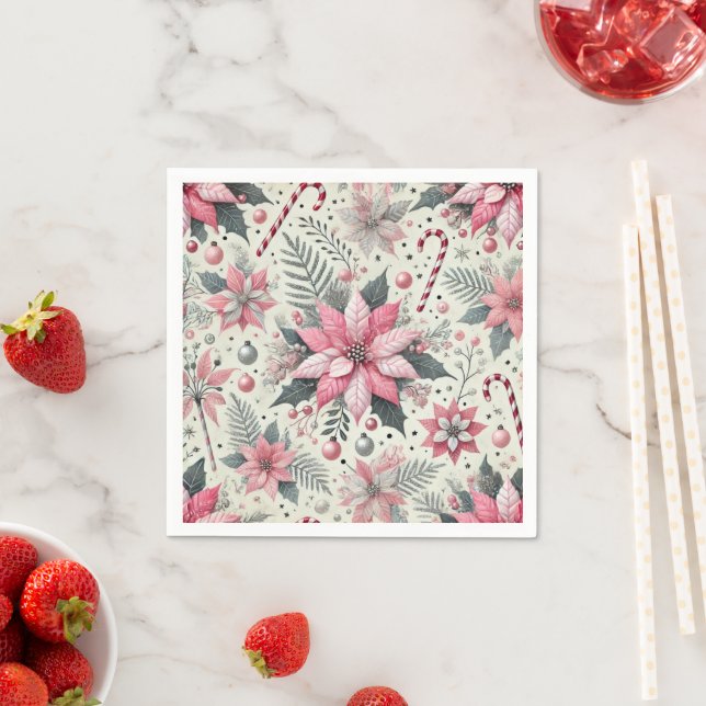 Pink Poinsettia & Candy Canes Decoupage Napkins (Insitu)