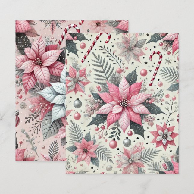 Pink Poinsettia & Candy Canes Scrapbook Paper (Front/Back)