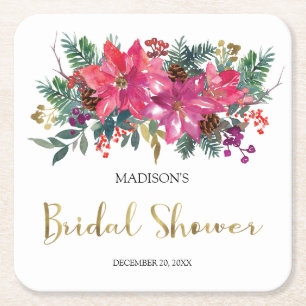 Pink Poinsettia Christmas Bridal Shower  Square Paper Coaster