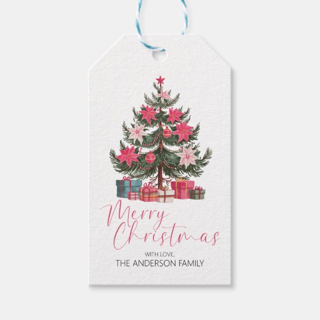 Pink Poinsettia Christmas Gift Tag Retro Gift Tag (Front)