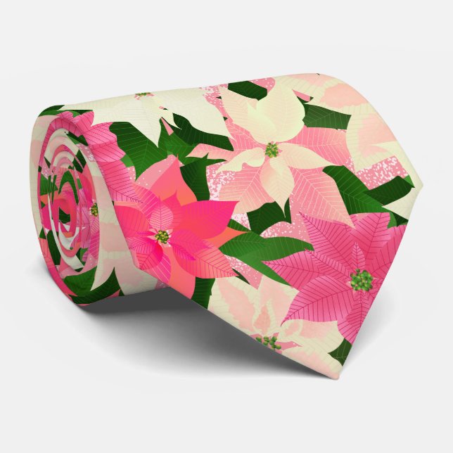 Pink Poinsettia Christmas Neck Tie (Rolled)