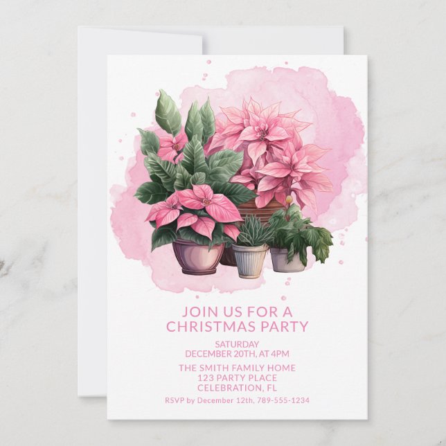 Pink Poinsettia Christmas Party Invitation (Front)