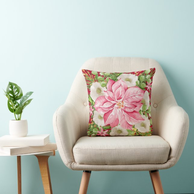Pink Poinsettia Christmas Throw Pillow (Chair)