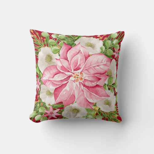 Pink Poinsettia Christmas Throw Pillow