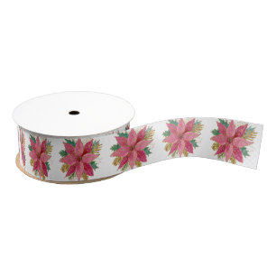Pink Poinsettia Custom Background Color Grosgrain Ribbon
