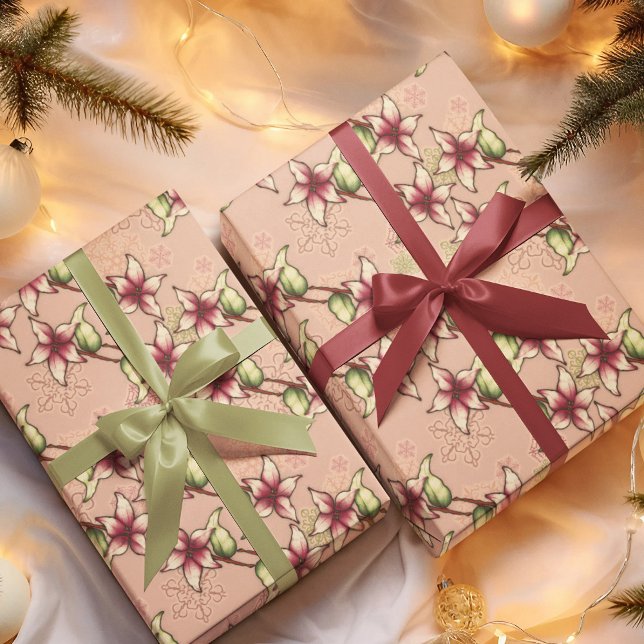 Pink Poinsettia Diagonal Stripe Christmas  Wrapping Paper Sheets (Pink Poinsettia Diagonal Stripe Christmas Wrapping Paper)