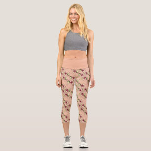 Pink Poinsettia Diagonal Striped Christmas Capri Leggings