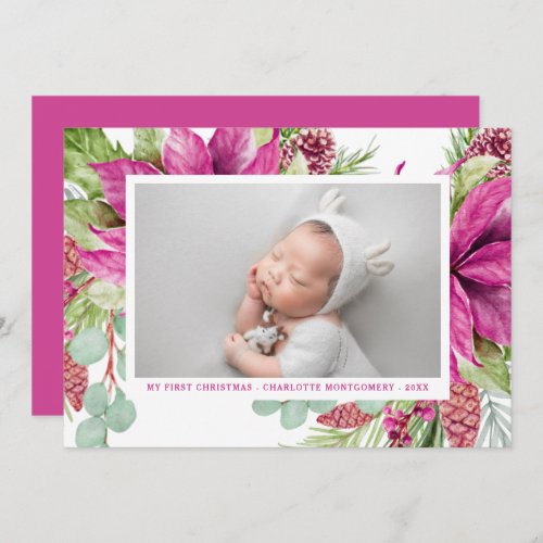 Pink Poinsettia Elegant My First Christmas Photo Holiday Card