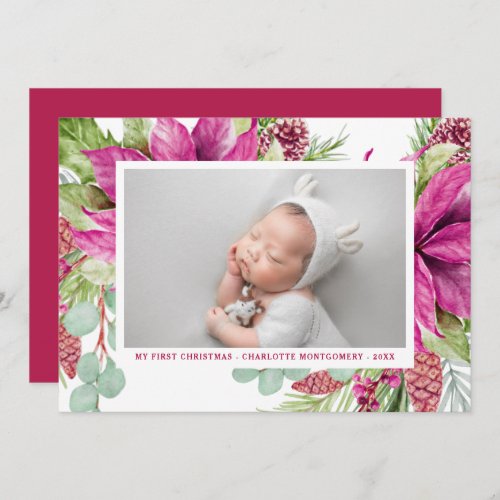 Pink Poinsettia Elegant Photo My First Christmas Holiday Card