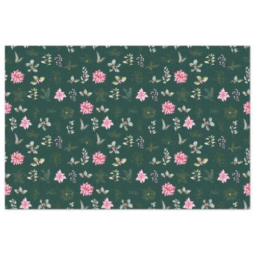 Pink Poinsettia Flowers and Foliage on Dark Green Tissue Paper