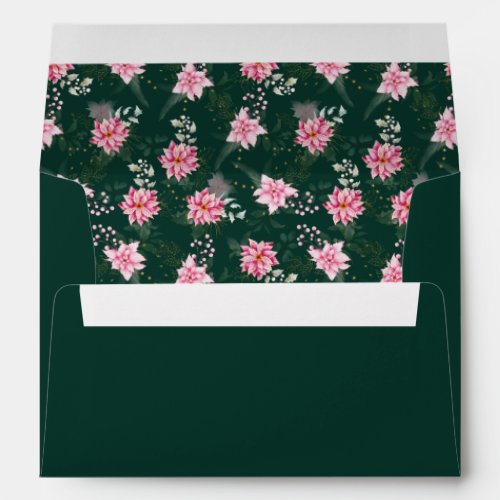 Pink Poinsettia Flowers on Dark Green Envelope
