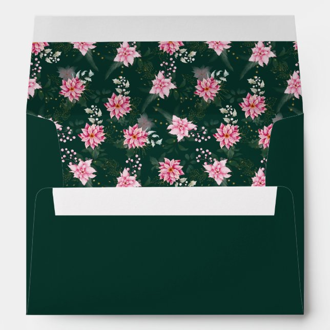 Pink Poinsettia Flowers on Dark Green Envelope (Back (Bottom))