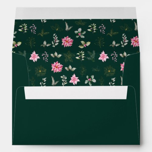 Pink Poinsettia Flowers on Dark Green Envelope