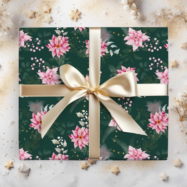 Pink Poinsettia Flowers on Dark Green Wrapping Paper (Creator Uploaded)
