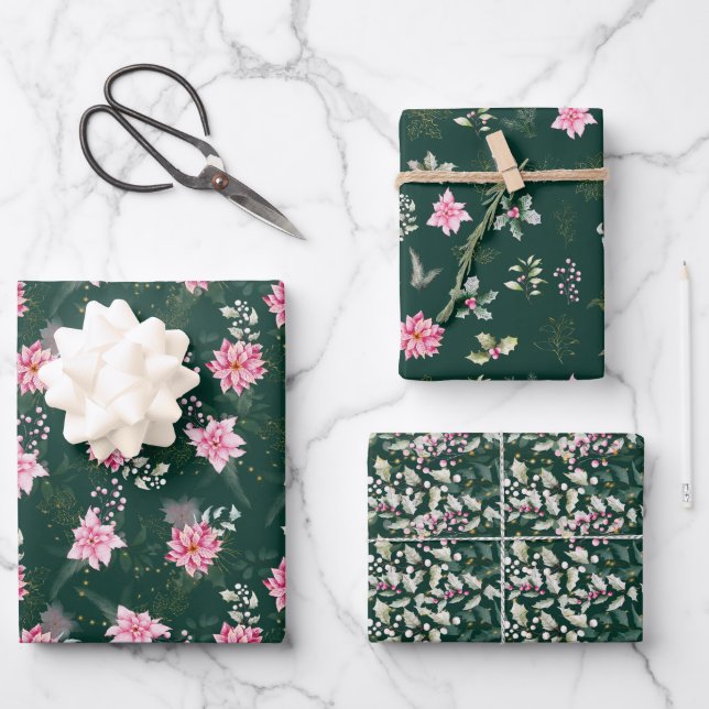 Pink Poinsettia Flowers on Dark Green Wrapping Paper Sheets (Front)