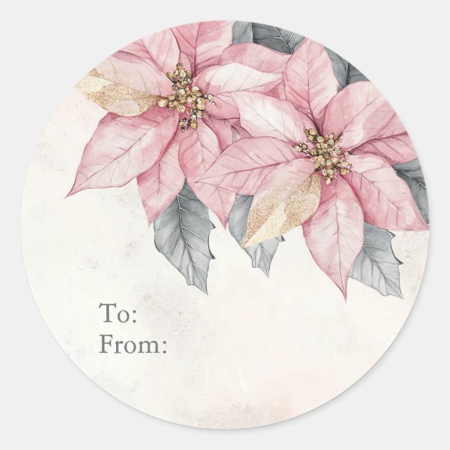 Pink Poinsettia Flowers Personalized To and From Classic Round Sticker (Front)