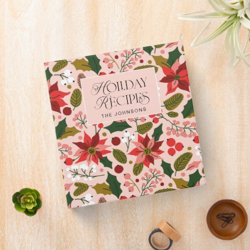 Pink Poinsettia Folk Botanical Holiday Recipe 3 Ring Binder