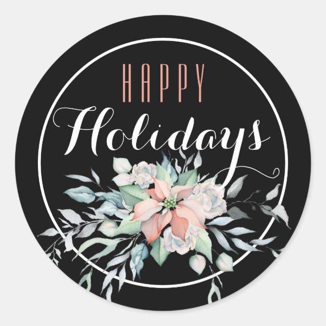 Pink Poinsettia  Happy Holiday Classic Round Sticker (Front)