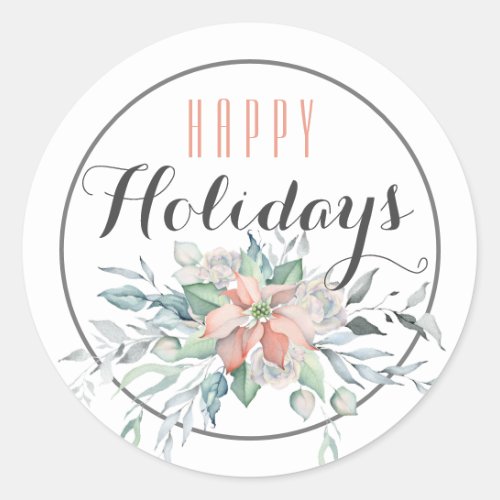 Pink Poinsettia  Happy Holiday  White Classic Round Sticker