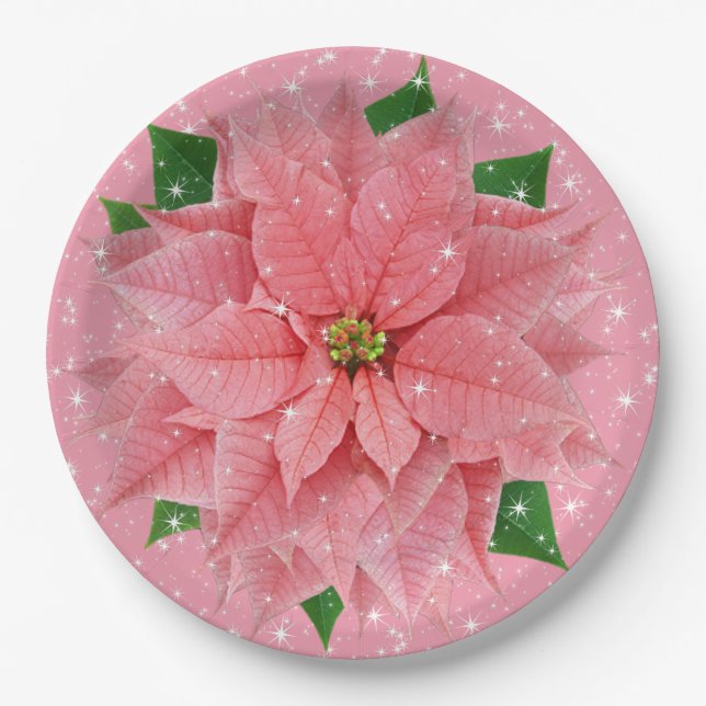 Pink Poinsettia Holiday Christmas Party Paper Plates (Front)