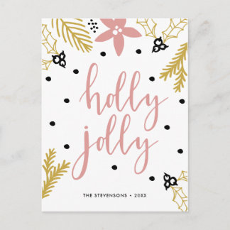 Pink Poinsettia Holly Jolly | Photo Holiday Card