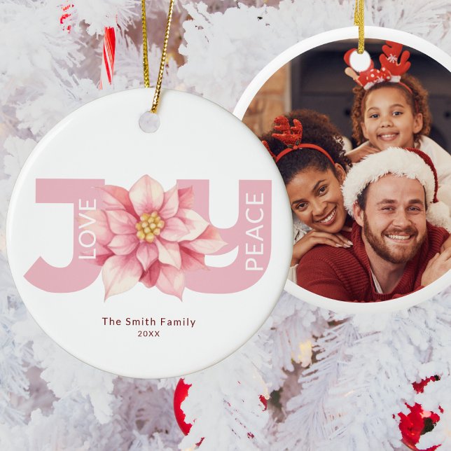 Pink Poinsettia Joy Christmas Photo Ceramic Ornament (Creator Uploaded)