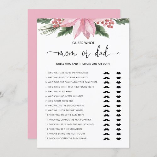 Pink Poinsettia Mom or Dad Baby Shower Game Card