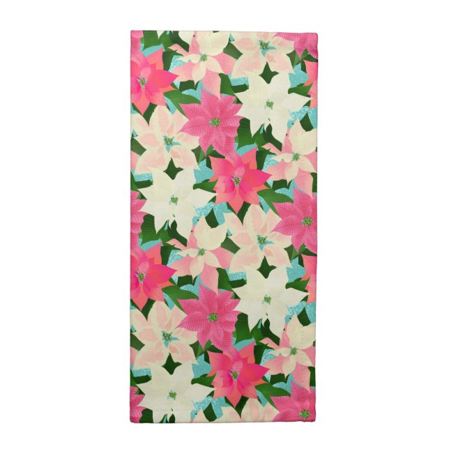 Pink Poinsettia Teal Christmas Cloth Napkin (Half Fold)