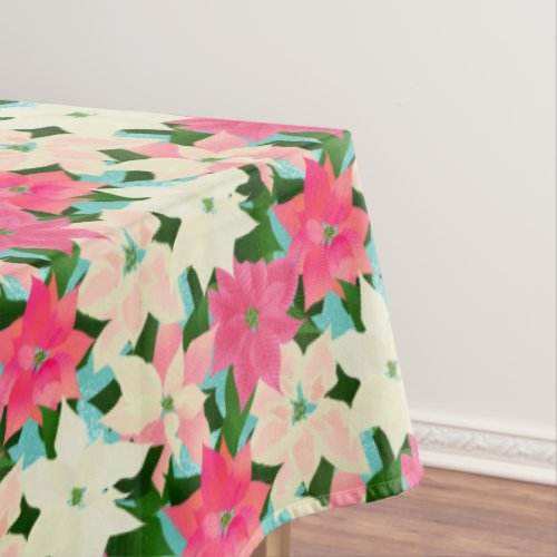 Pink Poinsettia Teal Christmas Tablecloth
